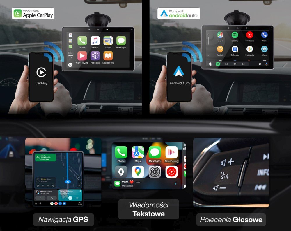 Ekran CarPlay VORDON ES-300 Phoenix tryb dzień noc ekran funkcje urządzenie nawigacja muzyka dźwięk