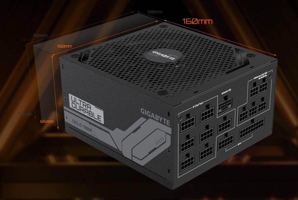 Zasilacz GIGABYTE UD1300GM PG5 Zasilacz komputerowy z zaznaczonymi wymiarami 160 mm długości, 150 mm szerokości i 86 mm wysokości, widoczne otwory wentylacyjne i modułowe złącza kabli, moc, wielkość, modularna konstrukcja