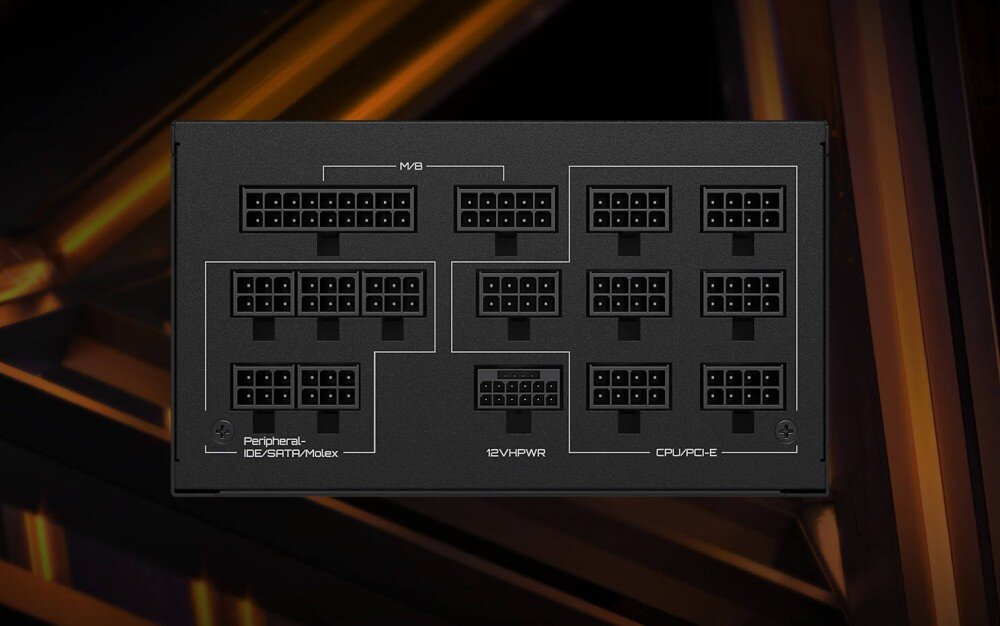 Zasilacz GIGABYTE UD1300GM PG5 Widok frontowy panelu modularnego z licznymi gniazdami oznaczonymi jako 'MB', 'CPU/PCI-E', 'Peripheral', '12VHPWR' na tle ciemnego pomieszczenia z pomarańczowym światłem, standard ATX