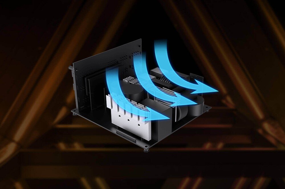 Zasilacz GIGABYTE UD1300GM PG5 Przekrój wnętrza zasilacza z widocznym radiatorem i trzema niebieskimi strzałkami symbolizującymi przepływ powietrza przez system chłodzenia, chłodzenie, radiator, wentylator
