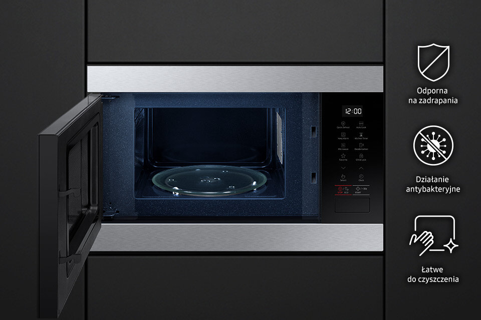 Zdjęcie otwartej kuchenki mikrofalowej Samsung MS22M8254AT wraz z infografiką o zaletach powłoki Ceramic Inside™ Zdjęcie otwartej kuchenki mikrofalowej Samsung MS22M8254AT wraz z infografiką o zaletach powłoki Ceramic Inside™