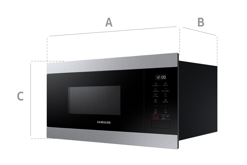 Rysunek techniczny, który przedstawia wysokość, szerokość i głębokość mikrofalówki z oferty Media Expert