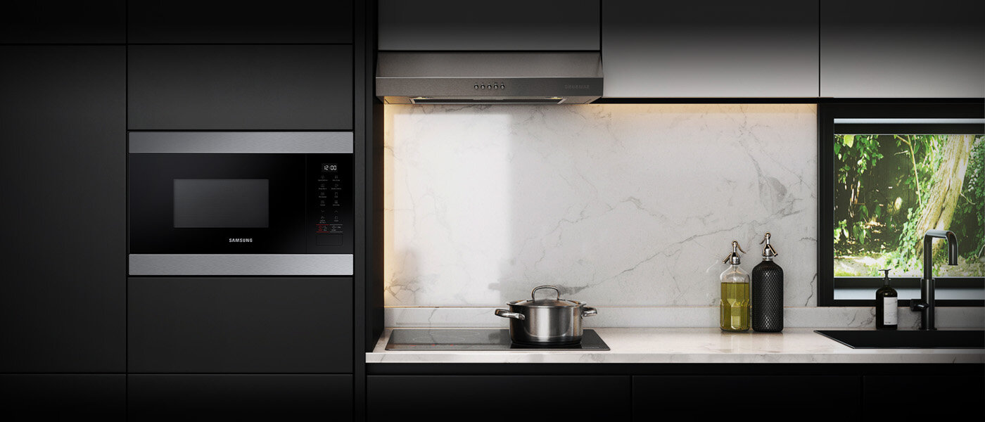 Wnętrze nowoczesnej kuchni, do której wstawiona jest kuchenka mikrofalowa Samsung MG22M8254AT