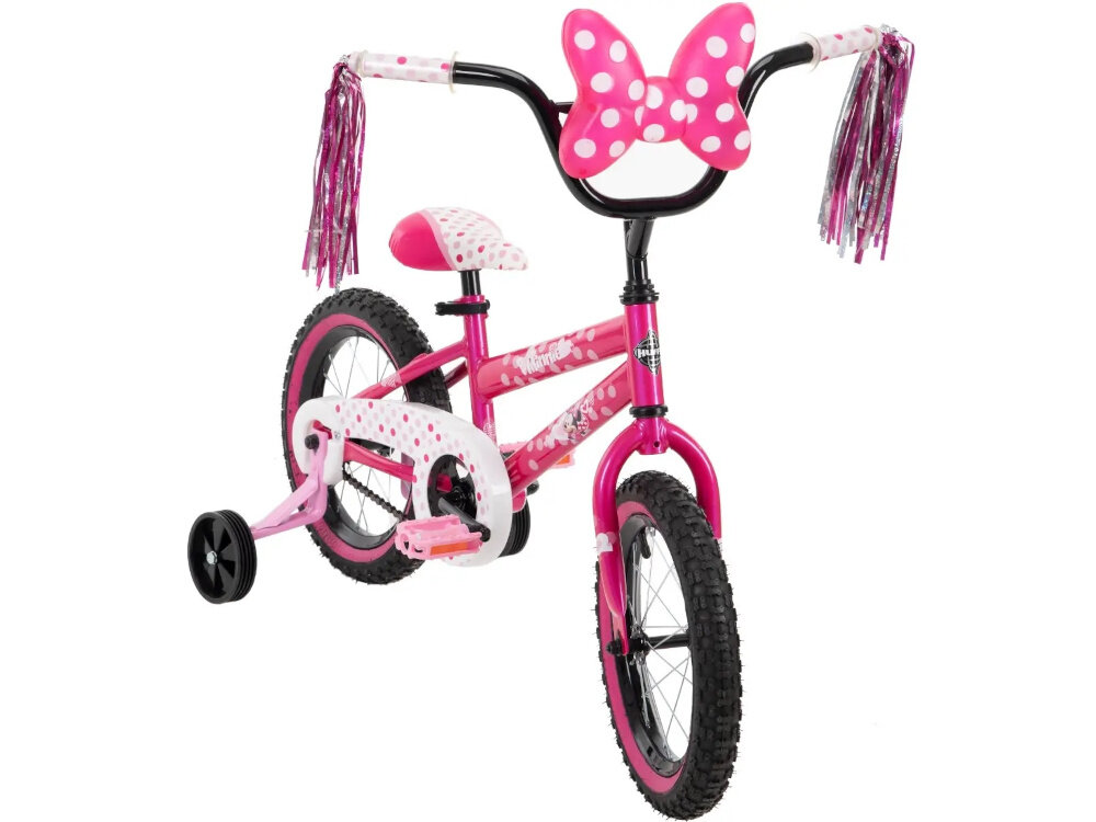Rower dziecięcy HUFFY Disney Minnie 14 cali dla dziewczynki Różowy rower na białym tle widoczny od przodu pod skosem dla dzieci w wieku od 4 do 6 lat trwałość wytrzymałość mocna konstrukcja myszka Minnie