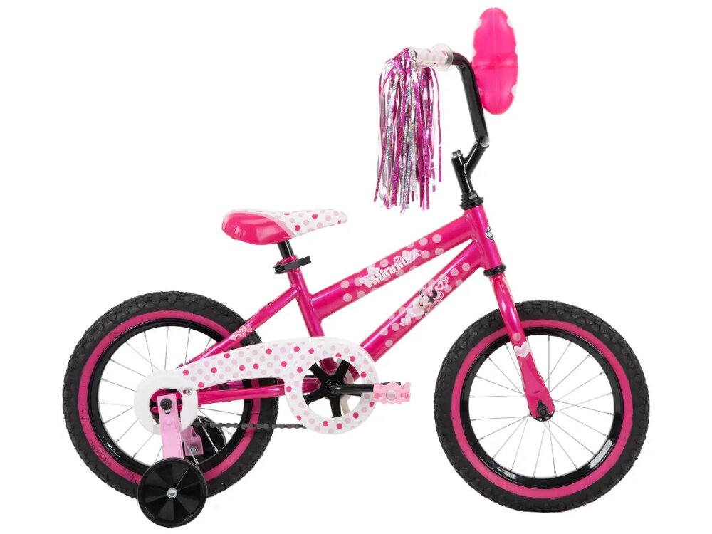 Rower dziecięcy HUFFY Disney Minnie 14 cali dla dziewczynki Różowy rower na białym tle widoczny z boku odpowiednio wyselekcjonowane materiały stalowa rama dostosowana do najmłodszych geometria ponadprzeciętna odporność na uszkodzenia mechaniczne i działanie czynników zewnętrznych wybór rozmiaru ramy Twój wzrost mierzony w zrelaksowanej pozycji typ
