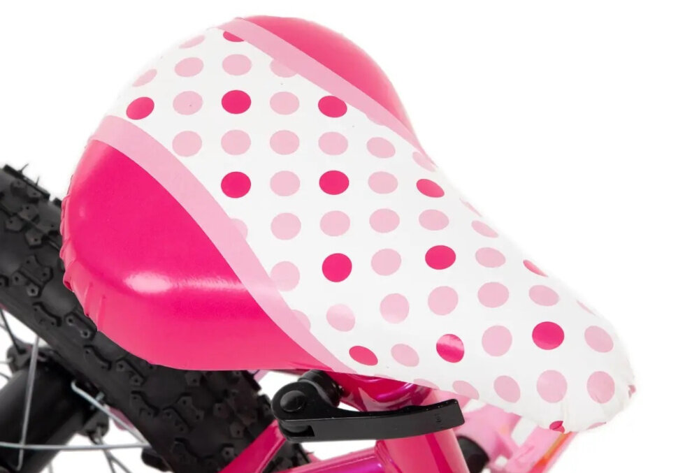 Rower dziecięcy HUFFY Disney Minnie 14 cali dla dziewczynki Różowy zbliżenie na siodełko zdjęcie na białym tle bezpieczna i satysfakcjonująca aktywność wygodne siodełko pełen komfort podczas długiej jazdy bezpiecznie komfortowo