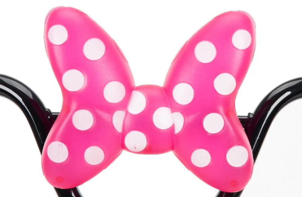 Rower dziecięcy HUFFY Disney Minnie 14 cali dla dziewczynki Różowy zbliżenie na kokardę na kierownicy piękna różowa kokarda myszki Minnie w białe kropki wstążki na uchwytach