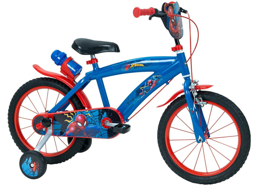 Rower dziecięcy HUFFY Spider-Man 16 cali dla chłopca Niebiesko-czerwony rower na białym tle widoczny od przodu pod skosem dla dzieci w wieku od 5 do 7 lat trwałość wytrzymałość mocna konstrukcja kolorowa grafika Spider-Mana