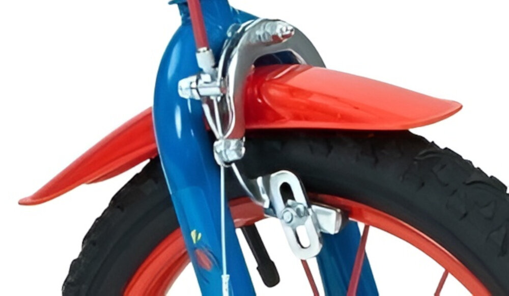 Rower dziecięcy HUFFY Spider-Man 16 cali dla chłopca Niebiesko-czerwony zbliżenie na przedni hamulec zdjęcie na białym tle podstawa bezpieczeństwa hamulce hamulce V-Brake typu Caliper lekkie duża siła hamowania hamulce z przodu i z tyłu podwójny pakiet bezpieczeństwa skuteczne hamowanie