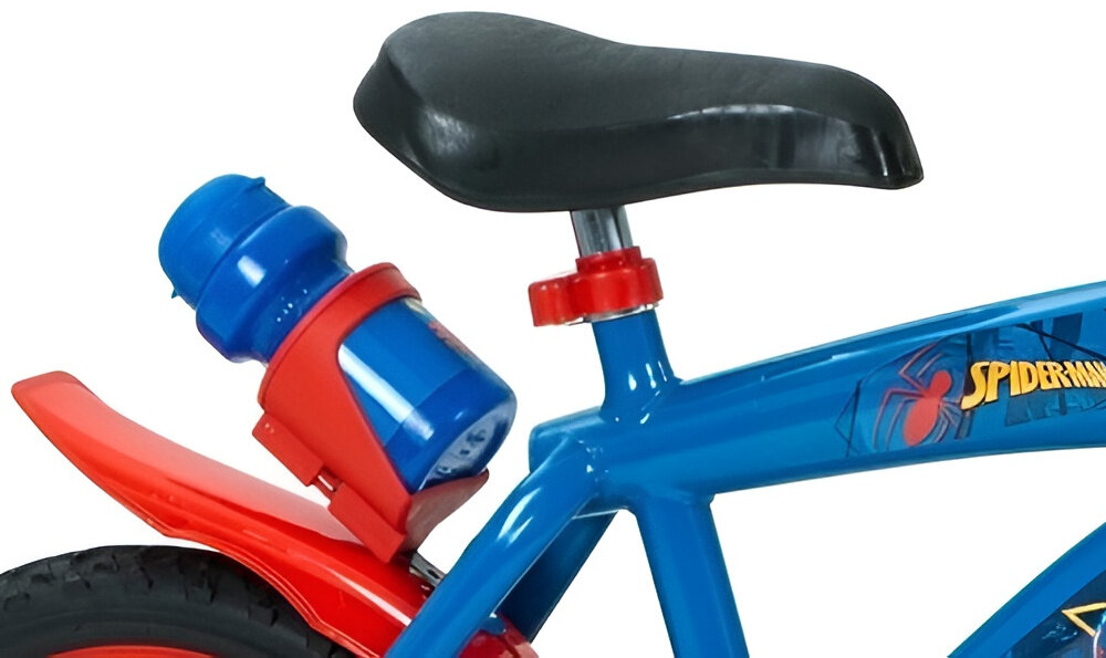 Rower dziecięcy HUFFY Spider-Man 16 cali dla chłopca Niebiesko-czerwony zbliżenie na siodełko i bidon zdjęcie na białym tle bezpieczna i satysfakcjonująca aktywność wygodne siodełko pełen komfort podczas długiej jazdy bezpiecznie komfortowo uchwyt z bidonem