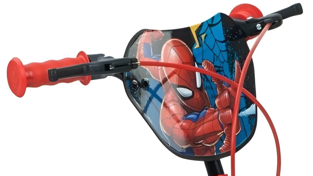 Rower dziecięcy HUFFY Spider-Man 16 cali dla chłopca Niebiesko-czerwony zbliżenie na kierownicę zdjęcie na białym tle brak uczucia dyskomfortu odpowiednia pozycja ciała uchwyty z antypoślizgowego materiału kolorowa plakietka z wizerunkiem słynnego Spider-Mana