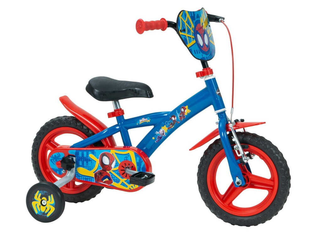 Rower dziecięcy HUFFY Disney Spidey i super-kumple 12 cali dla chłopca Niebiesko-czerwony rower na białym tle widoczny od przodu pod skosem dla dzieci w wieku od 2 do 3 lat trwałość wytrzymałość mocna konstrukcja kolorowa grafika Spideyem