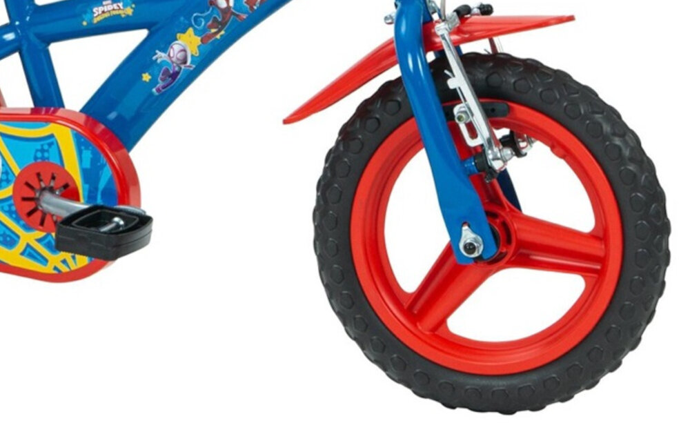 Rower dziecięcy HUFFY Disney Spidey i super-kumple 12 cali dla chłopca Niebiesko-czerwony zbliżenie na przednie koło zdjęcie na białym tle koła z pianki EVA w rozmiarze 12 cali mocne obręcze z wysokiej jakości tworzywa sztucznego dobra przyczepność aluminiowe obręcze zachowanie regularnego kształtu kół stabilne trzymanie opony bezpieczna jazda błotniki elegancki osłaniają odzież wygląd regularne sprawdzanie ciśnienia powietrza wartość na bocznej części opony