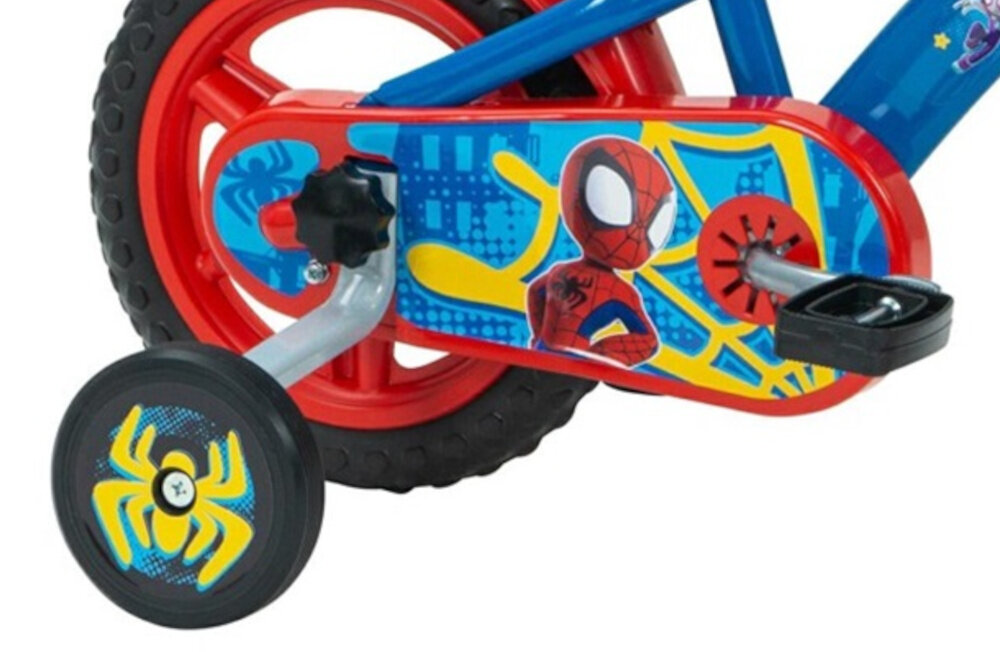 Rower dziecięcy HUFFY Disney Spidey i super-kumple 12 cali dla chłopca Niebiesko-czerwony zbliżenie na kółka boczne i osłonę łańcucha zdjęcie na białym tle boczne kółka asekurują dziecko w początkowej fazie nauki boczne kółka można łatwo usunąć osłona łańcucha kolorowa grafika zabezpiecza łańcuch przed brudem