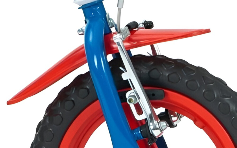 Rower dziecięcy HUFFY Disney Spidey i super-kumple 12 cali dla chłopca Niebiesko-czerwony zbliżenie na przedni hamulec zdjęcie na białym tle podstawa bezpieczeństwa przedni hamulec zdjęcie na białym tle podstawa bezpieczeństwa hamulec hamulec V-Brake typu Caliper lekki duża siła hamowania