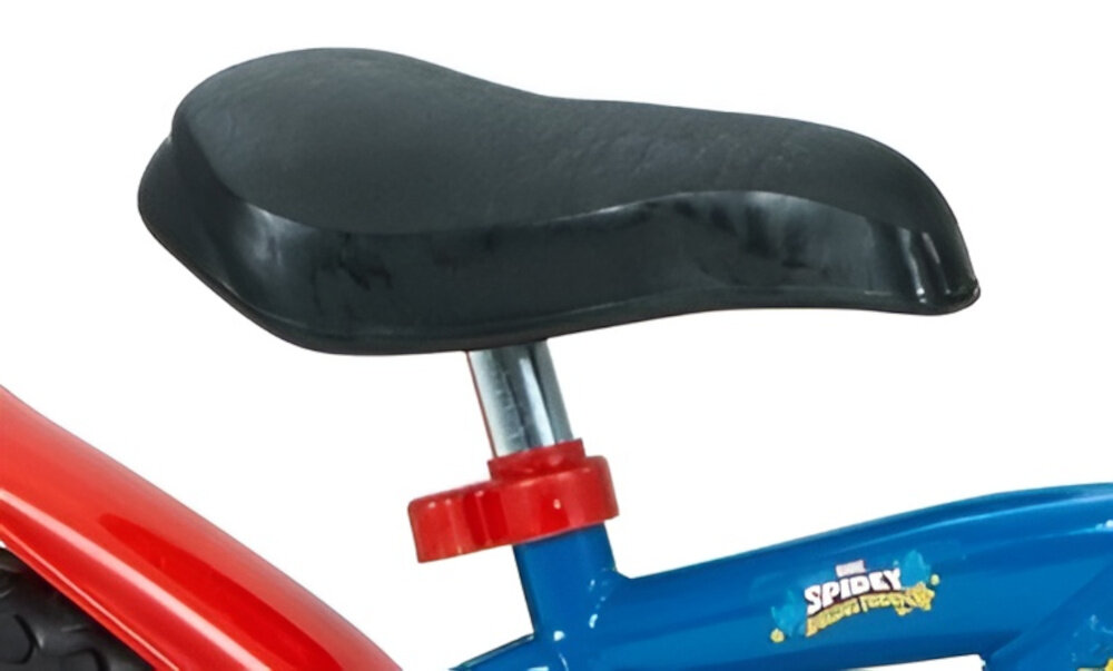 Rower dziecięcy HUFFY Disney Spidey i super-kumple 12 cali dla chłopca Niebiesko-czerwony zbliżenie na siodełko i bidon zdjęcie na białym tle bezpieczna i satysfakcjonująca aktywność wygodne siodełko pełen komfort podczas długiej jazdy bezpiecznie komfortowo