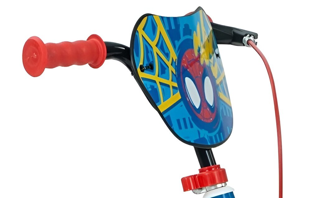 Rower dziecięcy HUFFY Disney Spidey i super-kumple 12 cali dla chłopca Niebiesko-czerwony zbliżenie na kierownicę zdjęcie na białym tle brak uczucia dyskomfortu odpowiednia pozycja ciała uchwyty z antypoślizgowego materiału kolorowa plakietka z wizerunkiem słynnego Spideya
