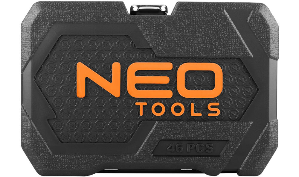 Klucze nasadowe NEO TOOLS 10-004 (46 elementów) praktyczna walizka z tworzywa sztucznego wygoda transportu i przechowywania narzędzi specjalna wkładka wewnątrz walizki odpowiednio uporządkowane elementy dobrze zabezpieczona zawartość łatwe odnalezienie potrzebnego narzędzia