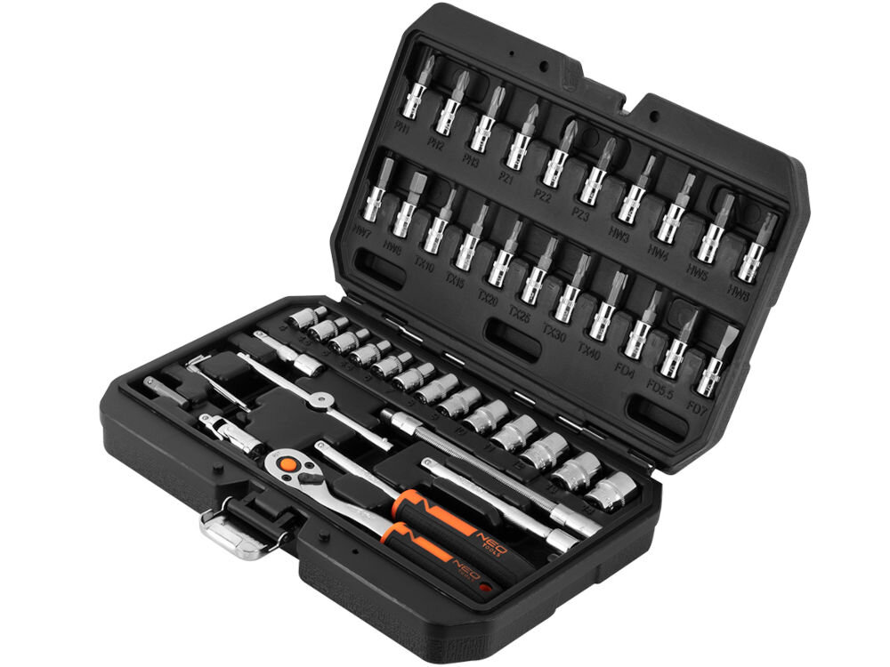 Klucze nasadowe NEO TOOLS 10-004 (46 elementów) szerokie zastosowanie w warsztatach i serwisach do pracy z samochodami w elektronice naprawy urządzeń mechanicznych precyzyjne regulacje i naprawy różnorodność nasadek i bitów wiele róznych zadań