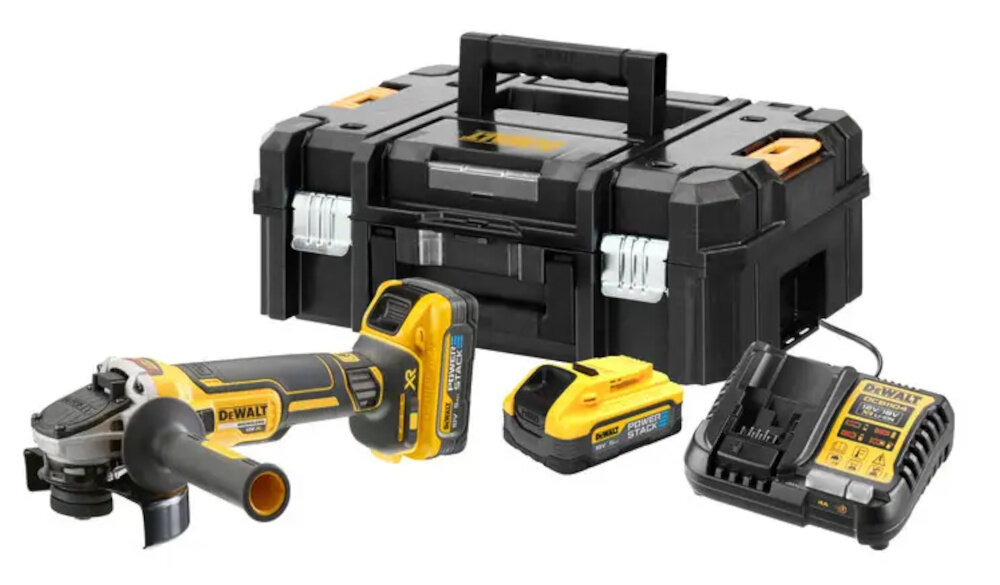 Szlifierka kątowa DEWALT DCG409H2T zestaw na białym tle w zestawie szlifierka dwa akumulatory ładowarka wewnętrzny i zewnętrzny kołnierz ściernic rękojeść boczna osłona tarczy klucz sześciokątny kufer transportowy dokumentacja