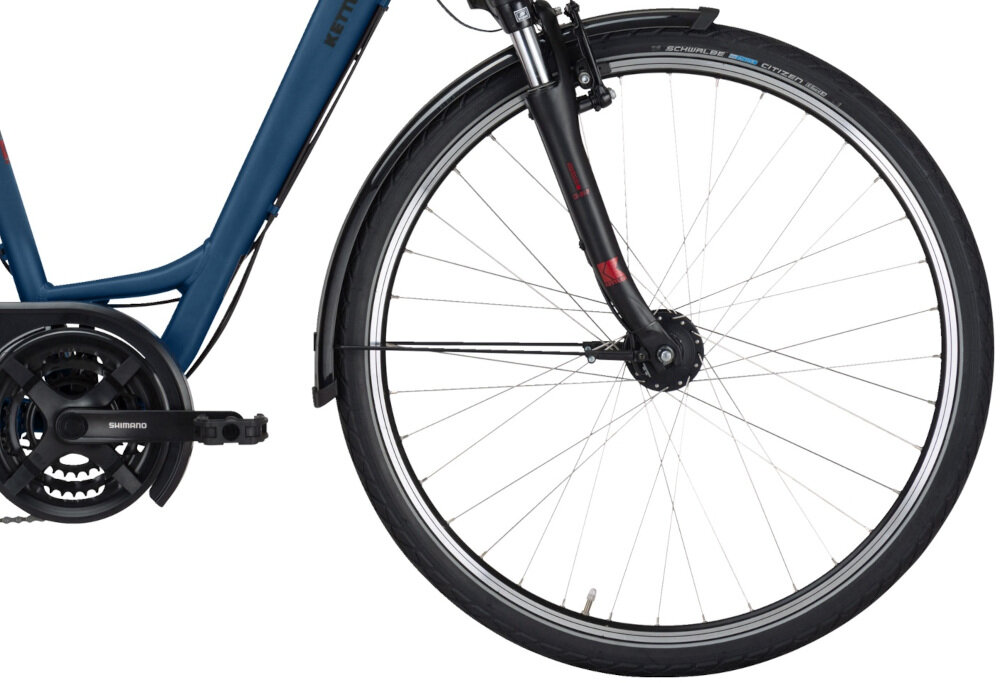 Rower trekkingowy KETTLER Traveller 1.0 D20 28 cali damski Niebieski koła duże 28-calowe piasty SHIMANO łatwo pokonać przeszkody opony marki SCHWALBE dobra przyczepność błotniki regularne sprawdzanie ciśnienia powietrza wartość na bocznej części opony
