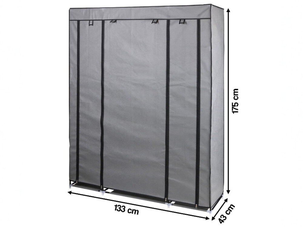 Szafa tekstylna w kolorze ciemnoszarym z czterema pionowymi paskami, o wymiarach 175 x 133 x 43 cm. Widoczne są oznaczenia wymiarów na białym tle.