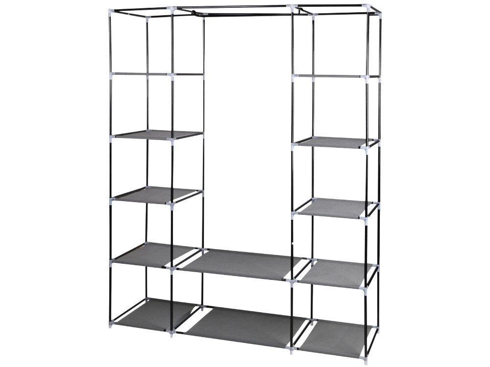 Metalowy stelaż szafy tekstylnej z półkami w ciemnoszarym kolorze, bez widocznego materiału osłonowego.