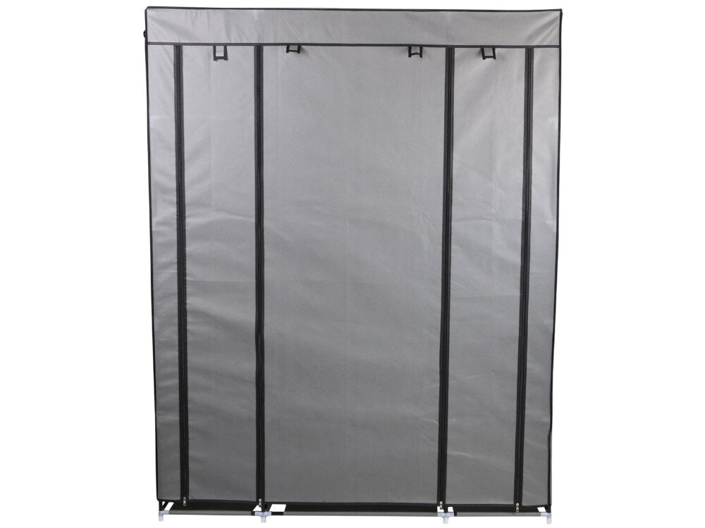 Na obrazie widoczna jest ciemnoszara szafa tekstylna z pionowymi czarnymi paskami. Szafa stoi na metalowych nóżkach.