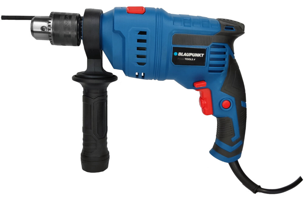 Wiertarka udarowa BLAUPUNKT ID8010 wiertarka na białym tle widoczna z boku silnik szczotkowy do 48000 uderzeń na minutę szybkie i skuteczne wiercenie wysoki moment obrotowy płynne prowadzenie wiertła precyzyjne rezultaty