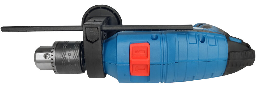 Wiertarka udarowa BLAUPUNKT ID8010 wiertarka na białym tle widoczna z góry widok na ogranicznik głębokości wiercenia ogranicznik głębokości wiercenia precyzyjne kontrolowanie głębokości otworu i uzyskiwanie powtarzalnych wyników wiercenie dokładnie na wymaganą głębokość zwiększa precyzję montażu kołków, wkrętów i elementów mocujących