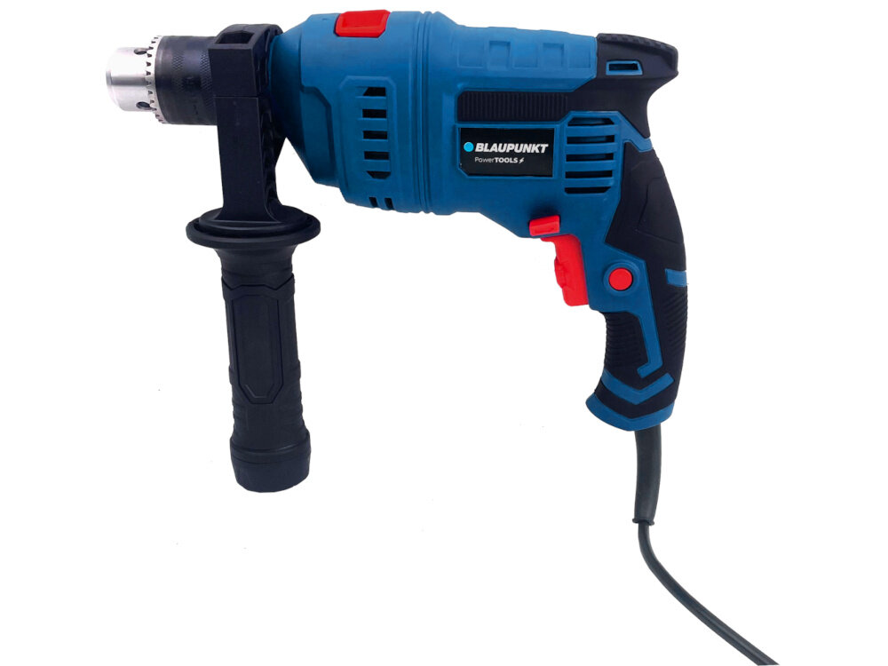 Wiertarka udarowa BLAUPUNKT ID8010 wiertarka na białym tle widoczna z boku ergonomiczna konstrukcja niska waga (1,7 kg) wygodna w obsłudze długość przewodu zasilającego około 1,8 m niewielkie wymiary (29 × 7 × 19,8 cm) dobrze leży w dłoni