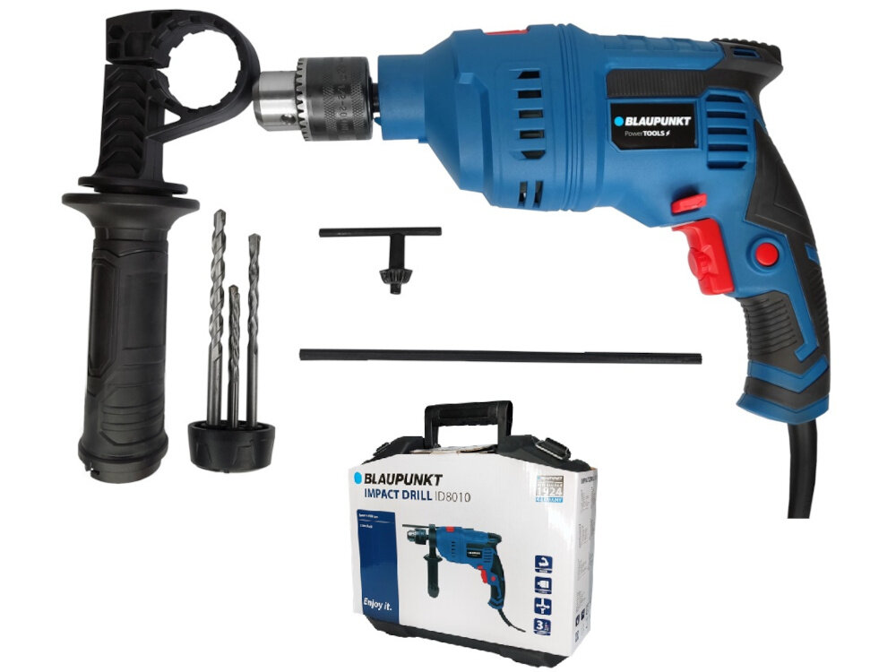 Wiertarka udarowa BLAUPUNKT ID8010 zestaw na białym tle w zestawie wiertarka 4 wiertła kluczyk ogranicznik głębokości rękojeść pomocnicza walizka dokumentacja
