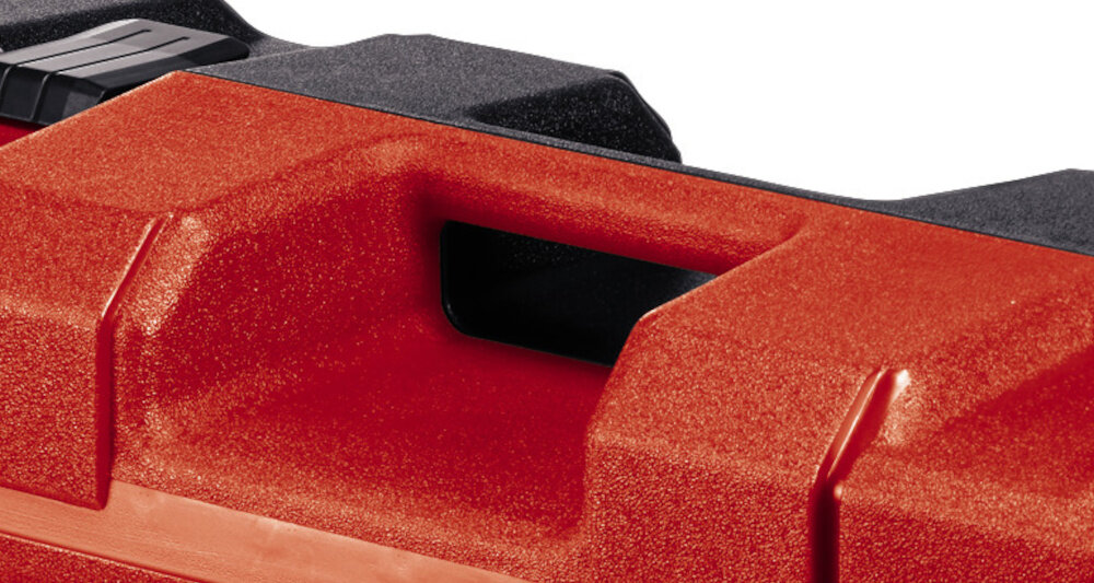Walizka narzędziowa EINHELL E-Box L70-35 4530054 zbliżenie na uchwyt białe tło ergonomiczny uchwyt waga około 4,97 kg udźwig do 50 kg rozmiar 70 x 26 x 35 cm