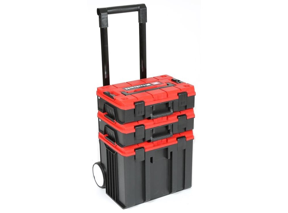 Skrzynia na narzędzia EINHELL E-Case 4540015 skrzynki na białym tle widoczne od przodu pod skosem bezpieczne przechowywanie wygodne transportowanie członek modułowego systemu EINHELL E-Case łączenie skrzyń w stabilny stos organizacja przestrzeni