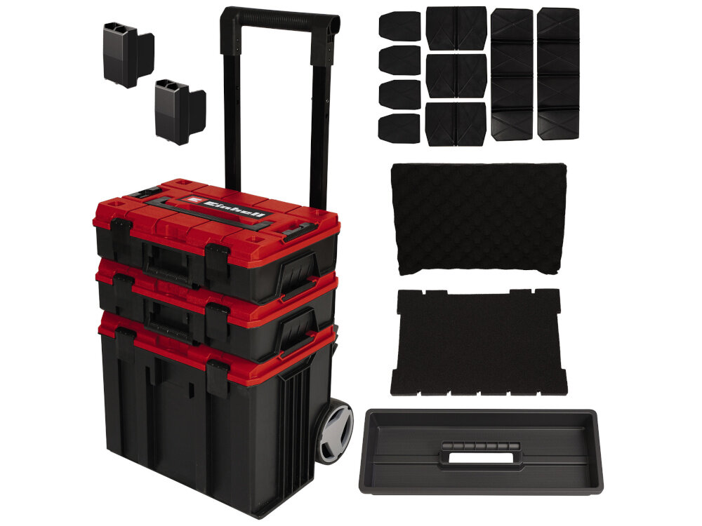 Skrzynia na narzędzia EINHELL E-Case 4540015 E-Case L zestaw na białym tle w zestawie trzy skrzynki dwie piankowe wkładki zestaw przegródek 3 naklejki etykietowe tacka element dystansowe dokumentacja