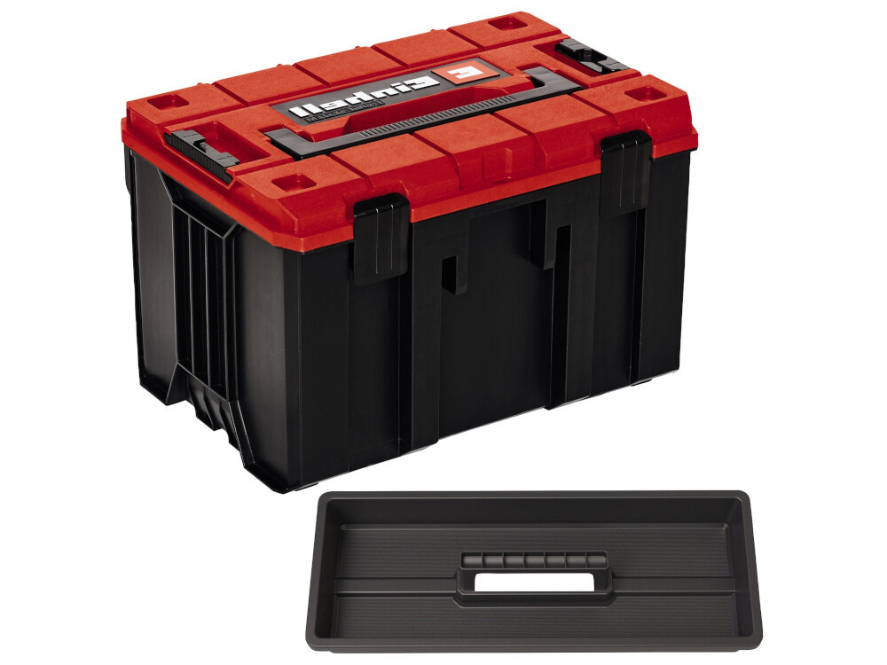 Skrzynka na narzędzia EINHELL E-Case M 4540021 skrzynka na białym tle widoczna od przodu pod skosem obok tacka bezpieczne przechowywanie wygodne transportowanie członek modułowego systemu EINHELL E-Case łączenie skrzyń w stabilny stos organizacja przestrzeni