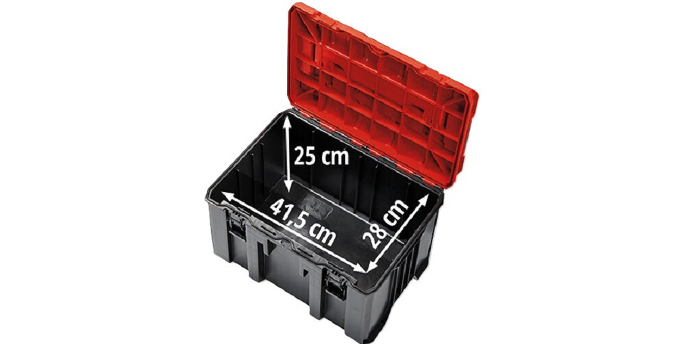 Skrzynka na narzędzia EINHELL E-Case M 4540021 szare tło otwarta skrzynka wewnątrz strzałki pokazujące wymiary skrzynki z wytrzymałego polipropylenu duża sztywność odporność na uderzenia działanie wysokich temperatur łączna ładowność do 90 kg wymiary 41,5 × 28 × 25 cm waga 4,35 kg