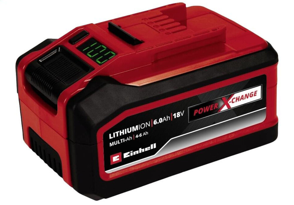 Akumulator EINHELL Power X-Change PLUS 4–6 Ah 6Ah 18V + ładowarka precyzyjny wskaxnik stanu naladowania w procentach wyswietlacz cyfrowy ochrona przed uderzeniami ergonomiczna gumowana obudowa