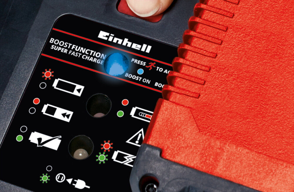 Akumulator EINHELL Power X-Change PLUS 4–6 Ah 6Ah 18V + ładowarka szybkie ladowanie ladowarka wydajna Power X-Boostcharger 6A skrca czas ladownia 50% staly monitoring baterii tryb odswiezania zawsze gotowy do dzialania latwy montaz na scianie zintegrowane punkty do zawieszania