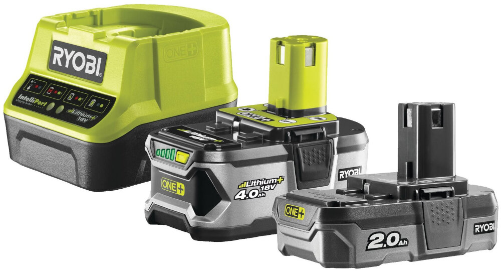 Zestaw akumulatorów + ładowarka RYOBI RC18120-242X kompletny zestaw startowy system RYOBI ONE+ dlugotrwala praca maksymalna wygoda technologia baterii litowo-jonowych stabilna moc bez efektu pamieci dluzsza zywotnosc pelna efektywnosc dwa akumulatory ladowarka