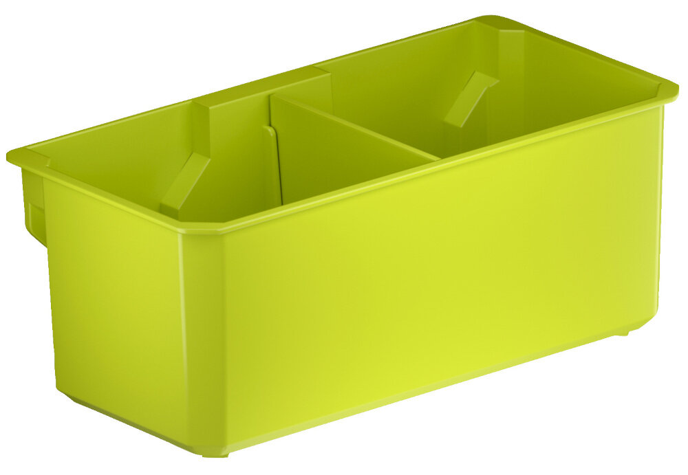 Pojemnik na akcesoria RYOBI RSL812 pojemnik na białym tle widoczny pod skosem z solidnego tworzywa sztucznego dwie oddzielne komory waga 0,158 kg gładka powierzchnia łatwe utrzymanie czystości trwała konstrukcja