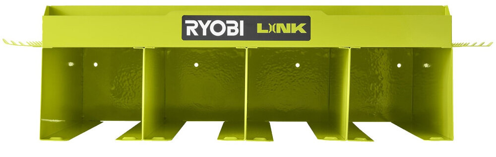 Półka z organizerem RYOBI Link RSLW401 półka na białym tle widoczna od przodu uporządkowanie przestrzeni roboczej łatwy dostęp do narzędzi solidna metalowa konstrukcja część systemu RYOBI LINK może być swobodnie łączona z innymi elementami tej serii