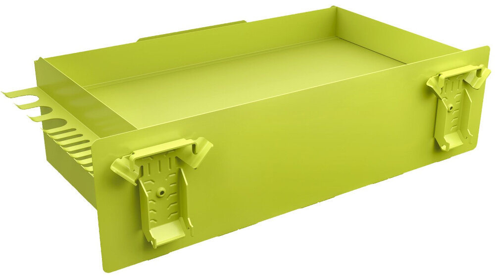 Półka z organizerem RYOBI Link RSLW401 półka na białym tle widoczna od tyłu wymiary 145 x 535 x 280 mm waga 2,7 kg nie obciąża nadmiernie ściany oferuje dużo miejsca na przechowywanie narzędzi ułatwia dopasowanie do różnych przestrzeni