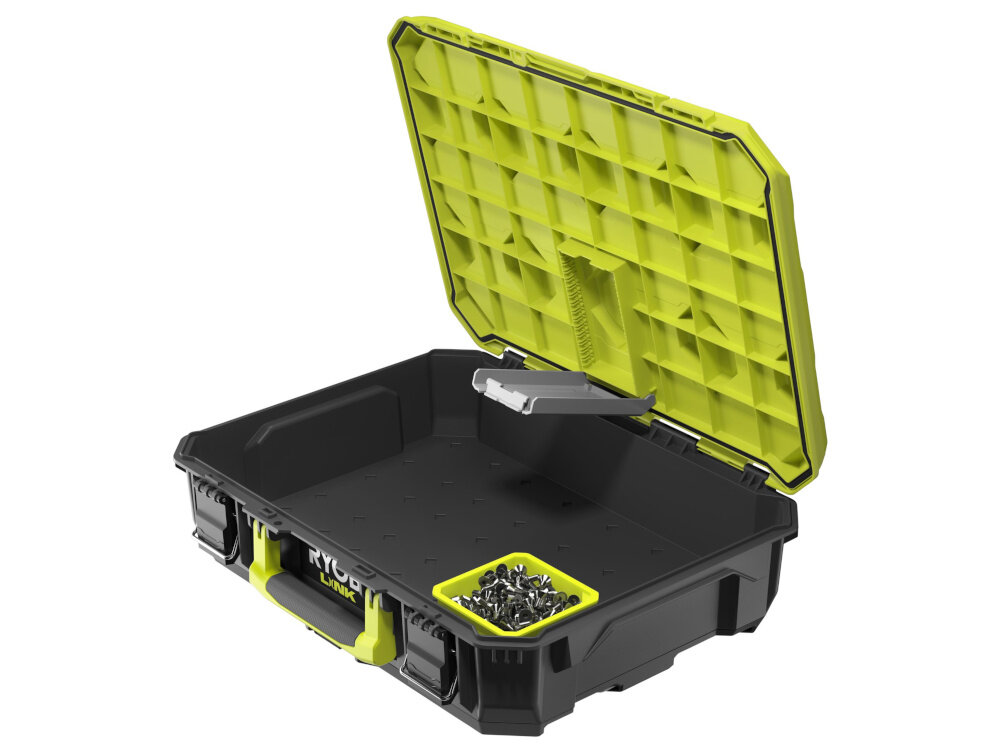 Pojemnik na akcesoria RYOBI RSL813 białe tło pojemnik wypełniony akcesoriami umieszczony w walizce bezproblemowe łączenie ze skrzyniami mobilnymi lub szynami ściennymi z systemu RYOBI LINK spójny system przechowywania dopasowuje się do dostępnej przestrzeni modułowa konstrukcja