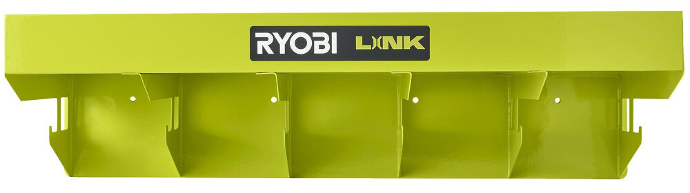 Półka z wieszakami RYOBI RSLW402 półka na białym tle widoczna od przodu uporządkowanie przestrzeni roboczej łatwy dostęp do narzędzi solidna metalowa konstrukcja część systemu RYOBI LINK może być swobodnie łączona z innymi elementami tej serii