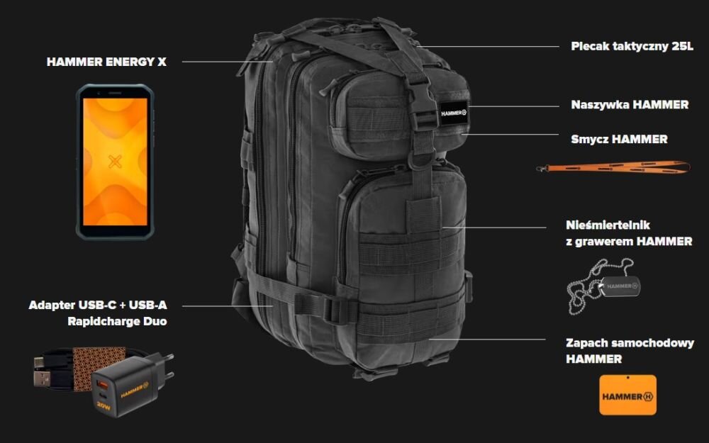 Smartfon HAMMER Energy X   ekran bateria aparat procesor ram pamięć pojemność rozdzielczość zdjęcia filmy opis dane cechy blokady system łączność wifi bluetooth obudowa szkło odporność porty muzyka transfer sieć przekątna matryca waga czujniki oled amoled ips