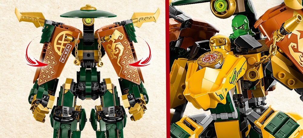 LEGO NINJAGO Drużyna mechów ninja Lloyda i Arina 71794   klocki elementy zabawa łączenie figurki akcesoria figurka zestaw 