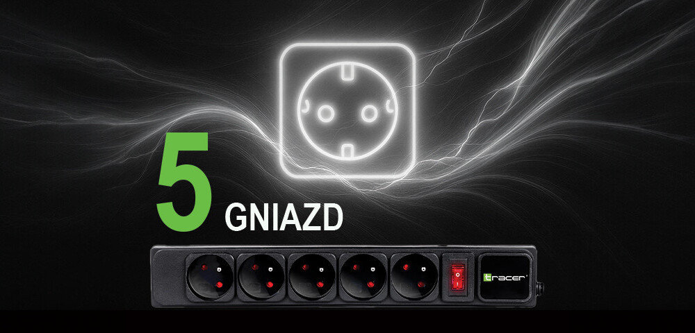 Obraz przedstawia czarną listwę zasilającą z pięcioma gniazdami i włącznikiem. Na tle widoczny jest napis \'5 GNIAZD\' oraz symbol gniazdka elektrycznego, a także logo \'Tracer\'.