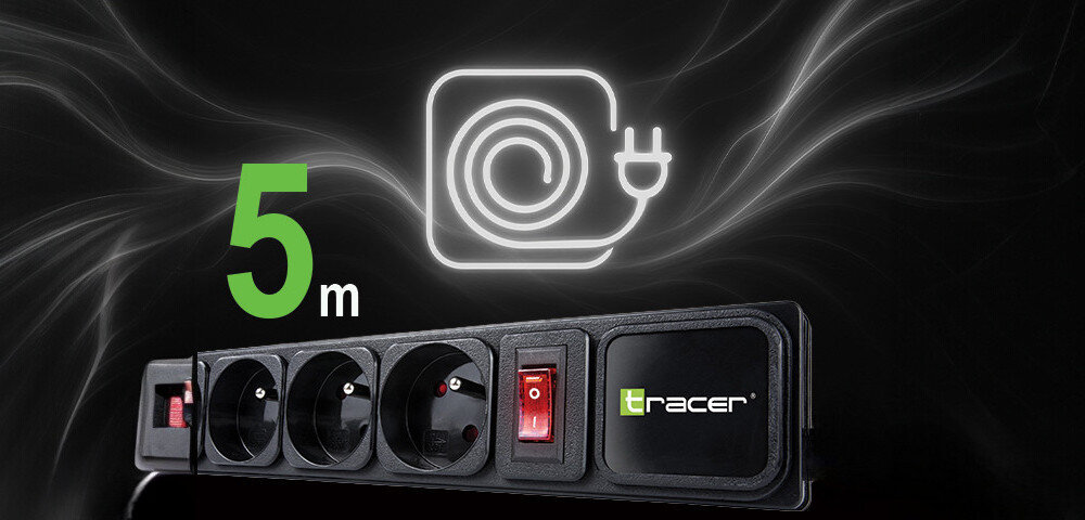 Na obrazie widoczna jest czarna listwa zasilająca z trzema gniazdami i czerwonym włącznikiem. Obok znajduje się napis \'5 m\' oraz logo \'tracer\'.