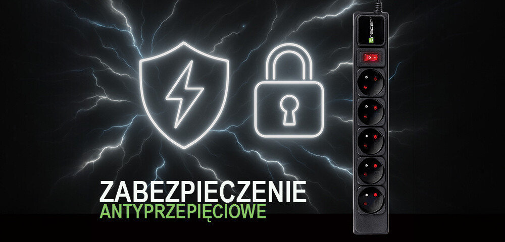 Obraz przedstawia listwę zasilającą z pięcioma gniazdami i włącznikiem, obok której znajdują się ikony tarczy z błyskawicą i kłódki. Na dole widnieje tekst: \'ZABEZPIECZENIE ANTYPRZEPIĘCIOWE\'.